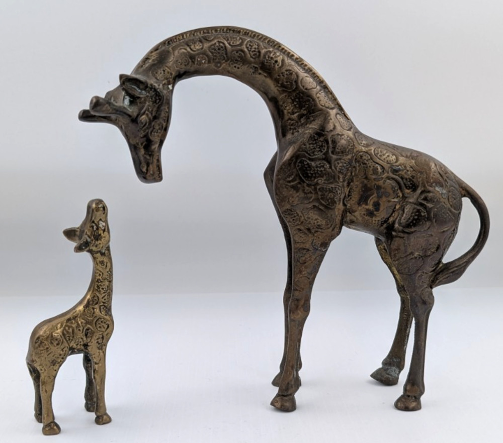 Pair Brass Giraffe Figurines Mother and Baby Set MCM Animal Heavy
